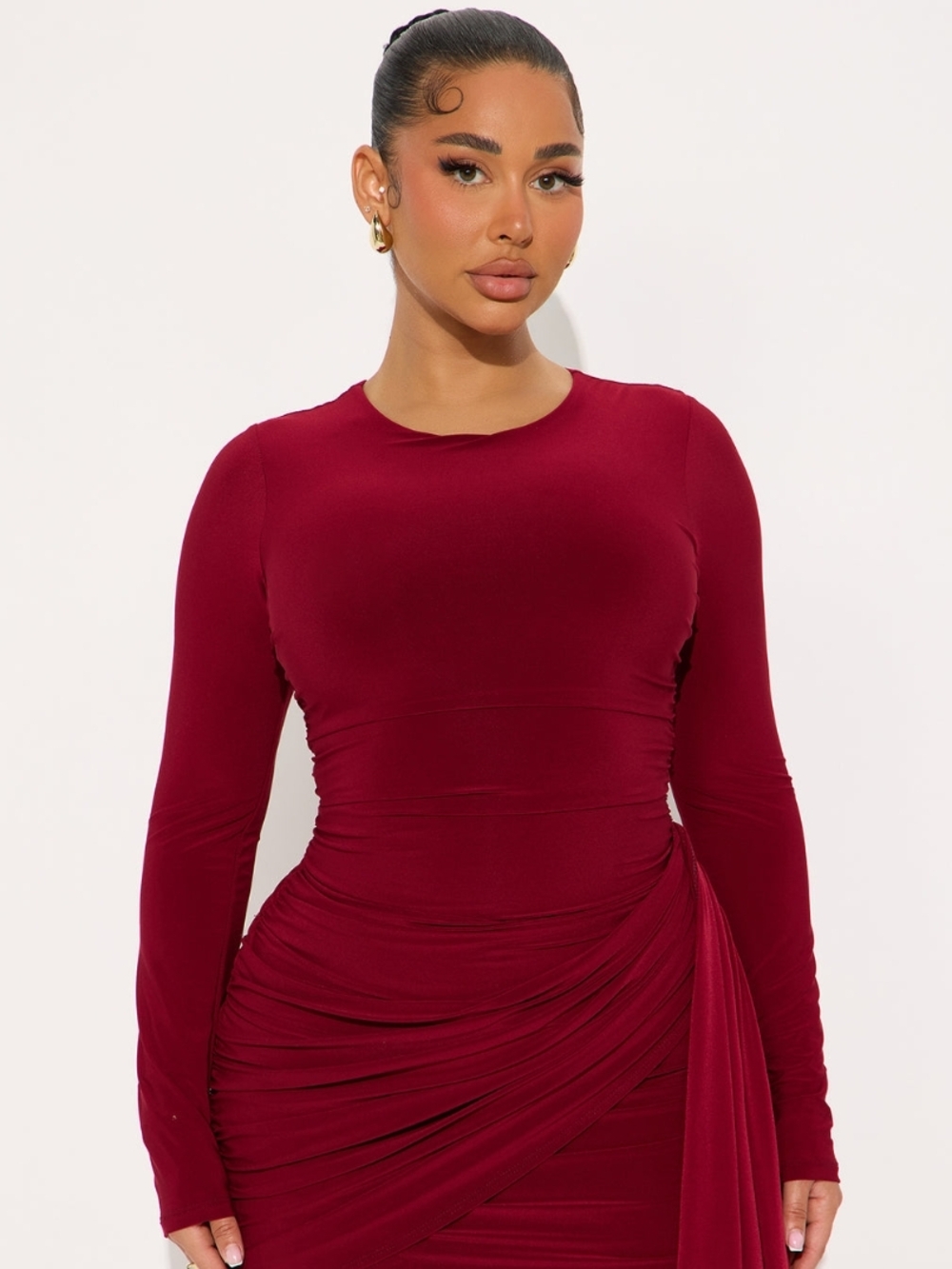 Fashion Nova Stella Ruched Long Sleeve Mini Dress - Burgundy (1X) (NWOT) - Picture 2 of 10